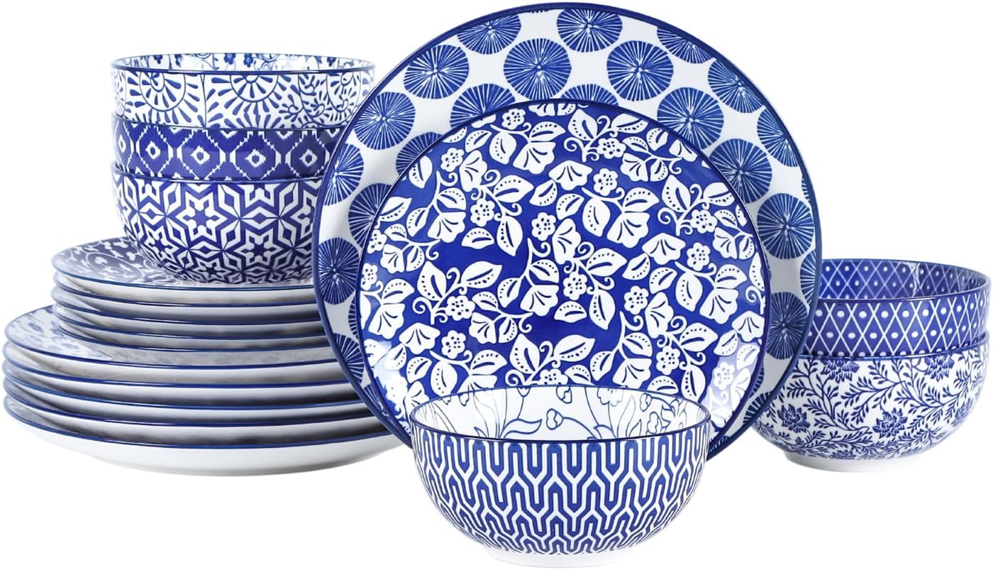 Selamica Ceramic Dinnerware Set for 6 - 18 Piece Plates & Bowls