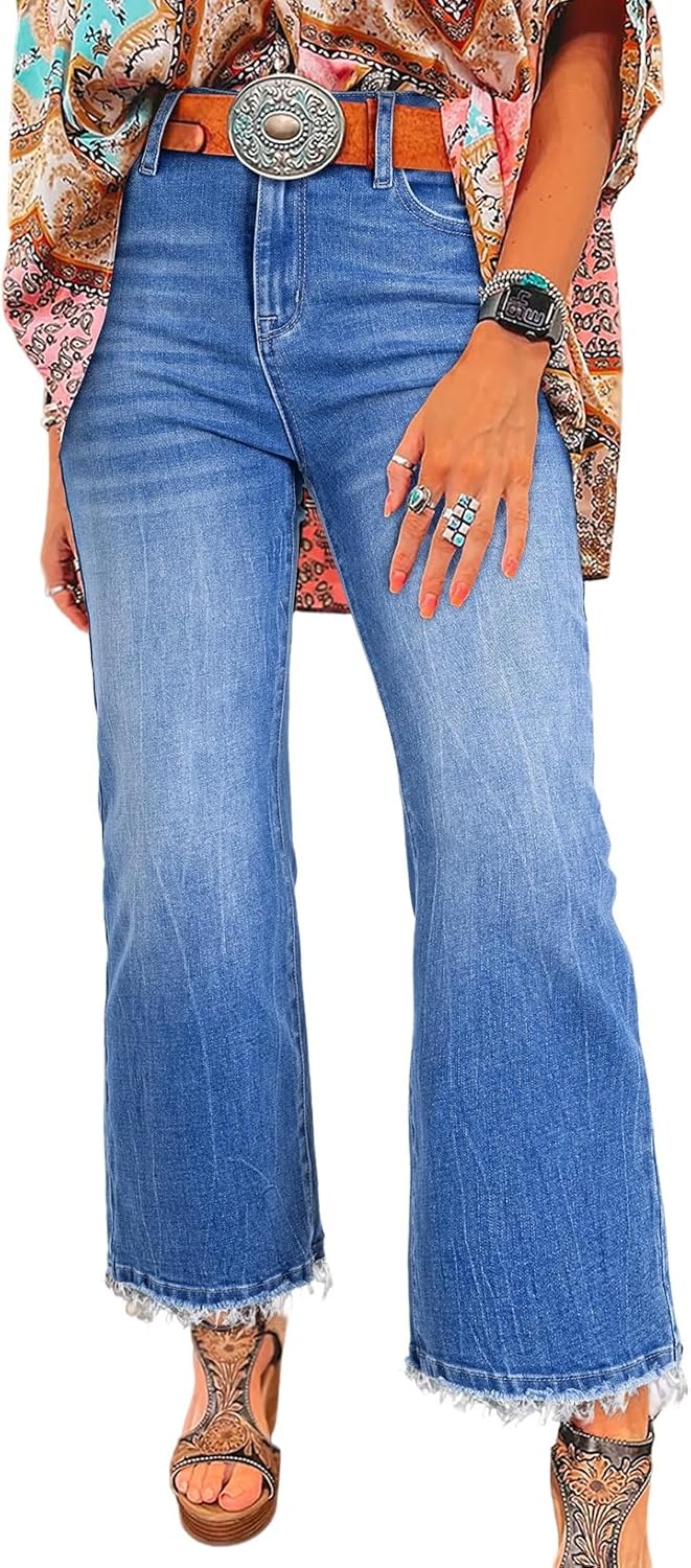 Astylish Womens High Waisted Jeans with Trendy Raw Hem Style