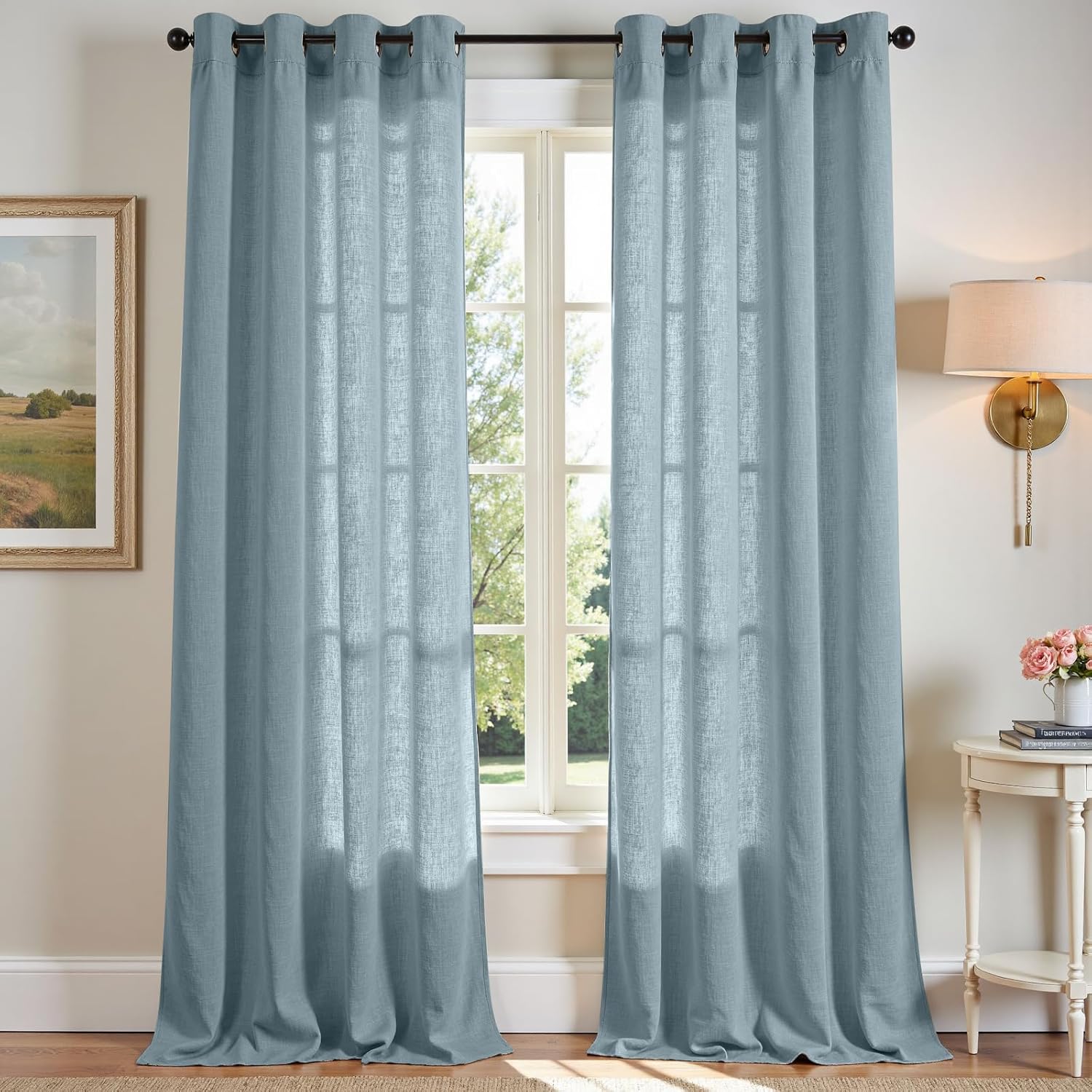 Linen Blue Semi Sheer Curtains 96 Inch Long for Living Room