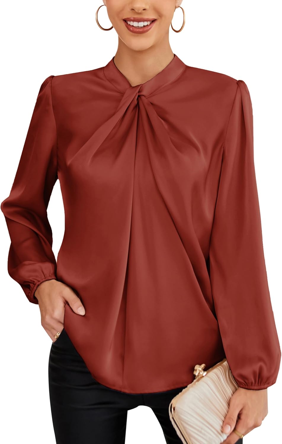 Elegant Long Sleeve Mock Neck Blouse for Business and Casual Wear