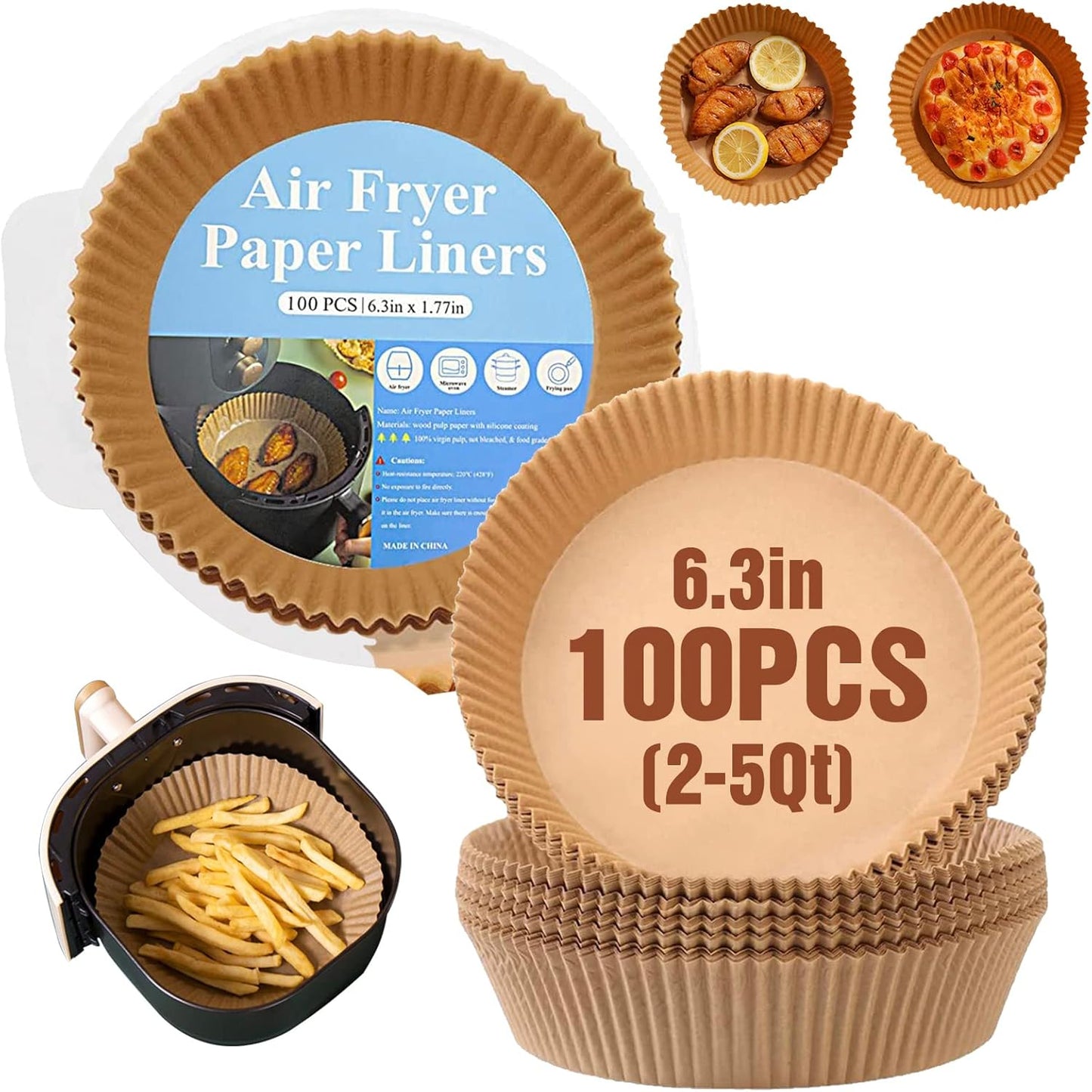 100 Round Non-Stick Air Fryer Liners - Oil & Water-Proof!