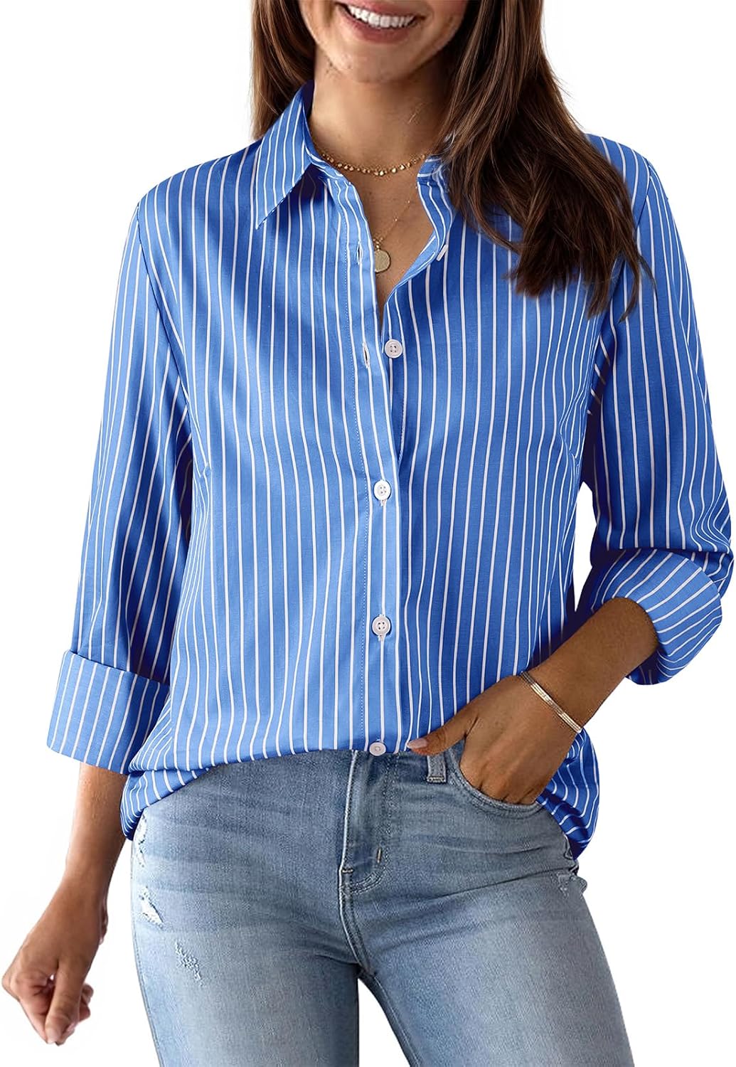 Womens Button Down Shirts Cotton Striped Dress Shirt Long Sleeve