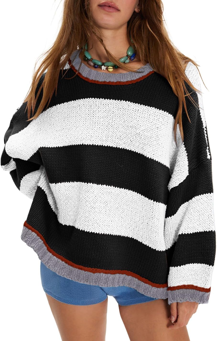 Womens Fall Color Block Striped Sweater for Cozy Style