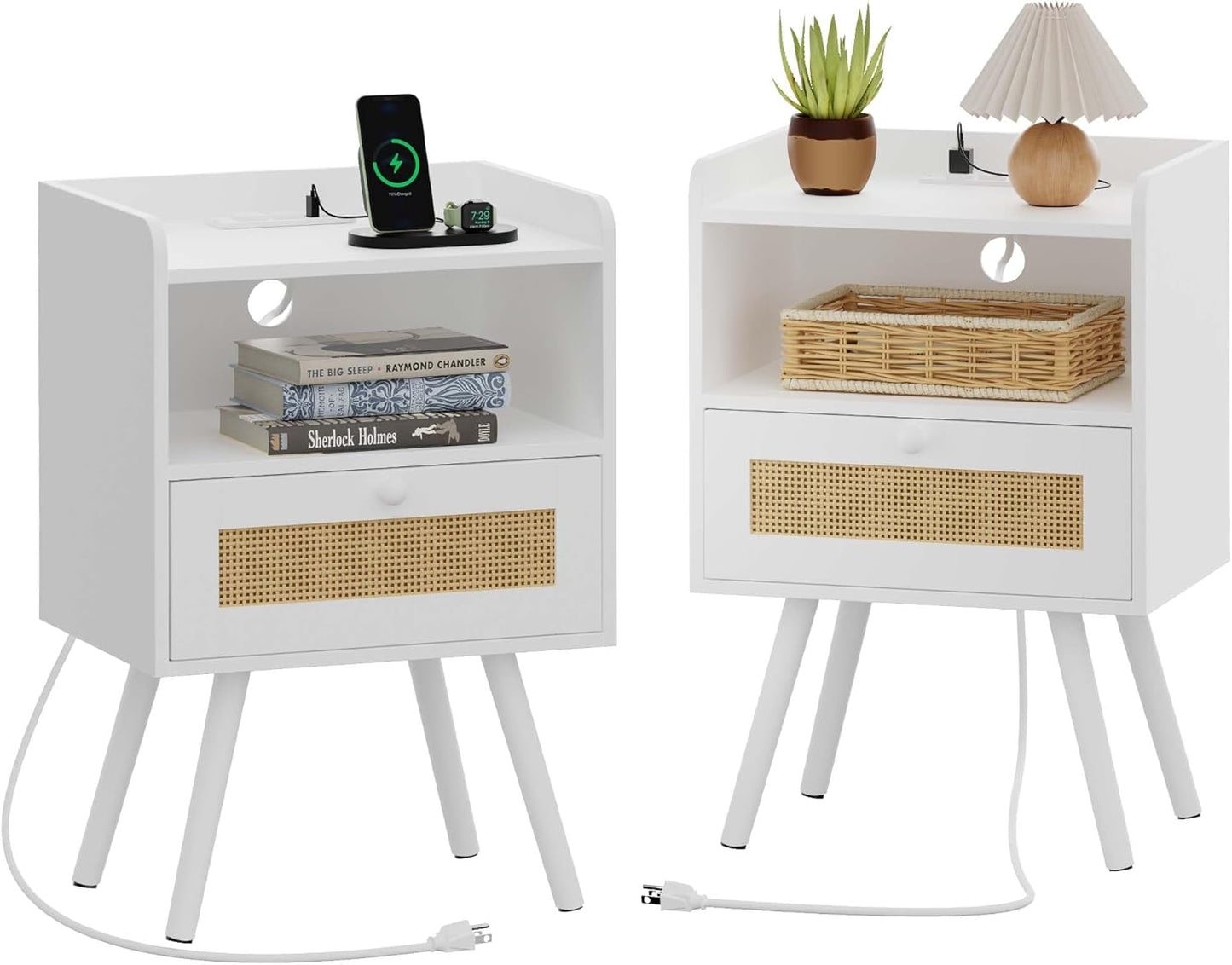 SUPERJARE Nightstands with Charging Station and Rattan Drawers