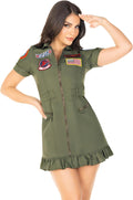 Top Gun Flight Dress Costume for Women - Flirty Khaki Zipper Dress