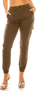 Double Denim High Waisted Cargo Joggers for Women - Fleece-Lined