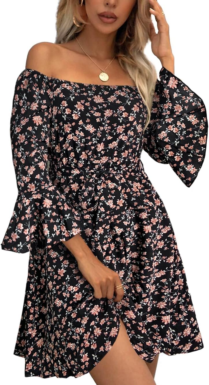 Womens Off Shoulder Ruffle Floral Summer Wedding Guest Dress
