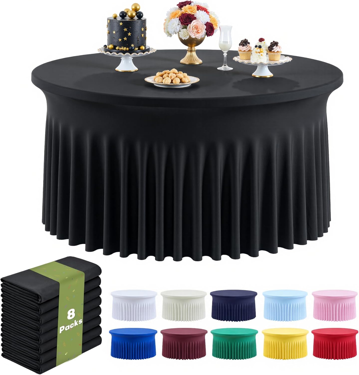 Black Spandex Tablecloth for 72in Round Tables - 8 Pack