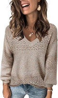 FEKOAFE Womens V Neck Hollow Knit Pullover Sweater - Lightweight Solid