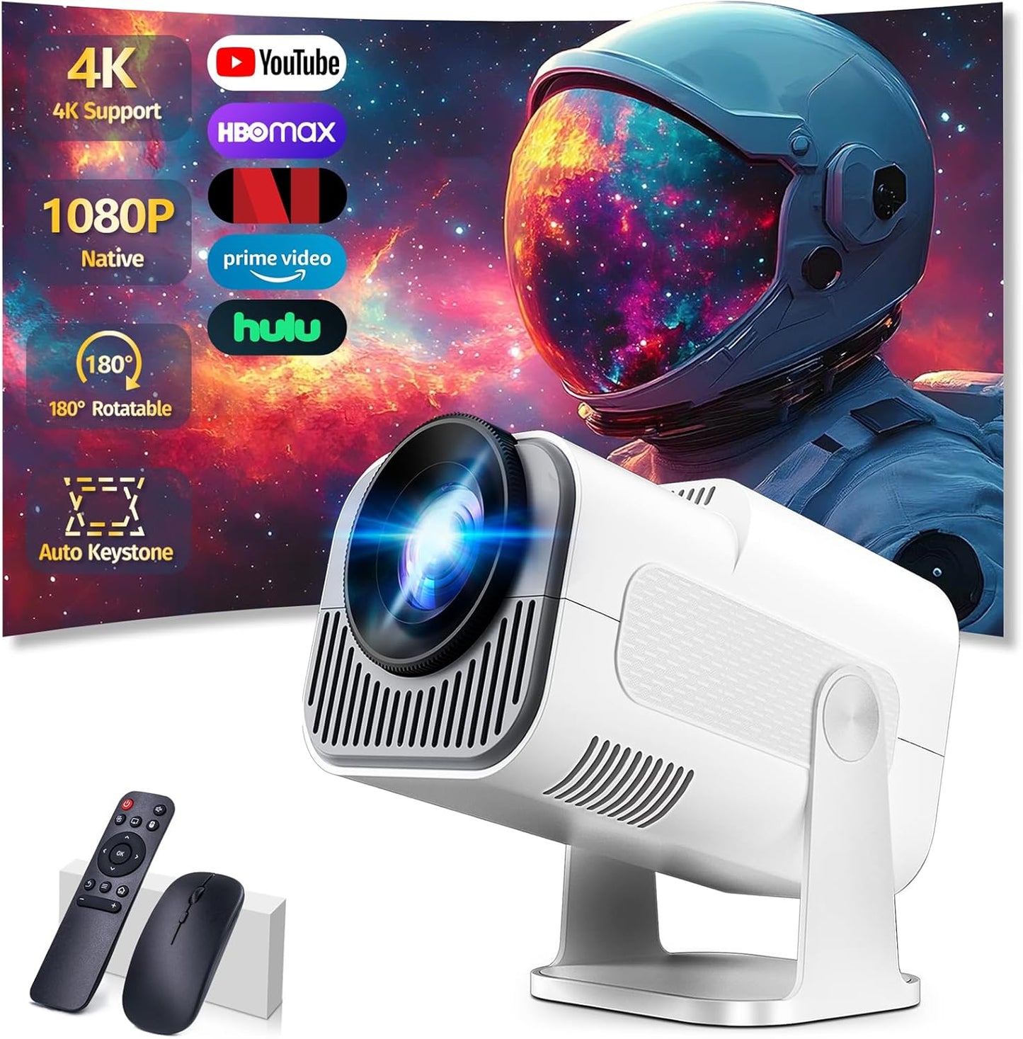 Portable Full HD 4K Mini Projector: 180 Rotation & Keystone Correction