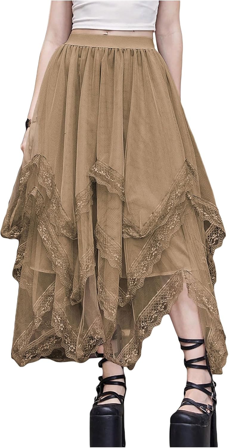 Gothic Lace Trim Layered Mesh Tulle Skirt for Women
