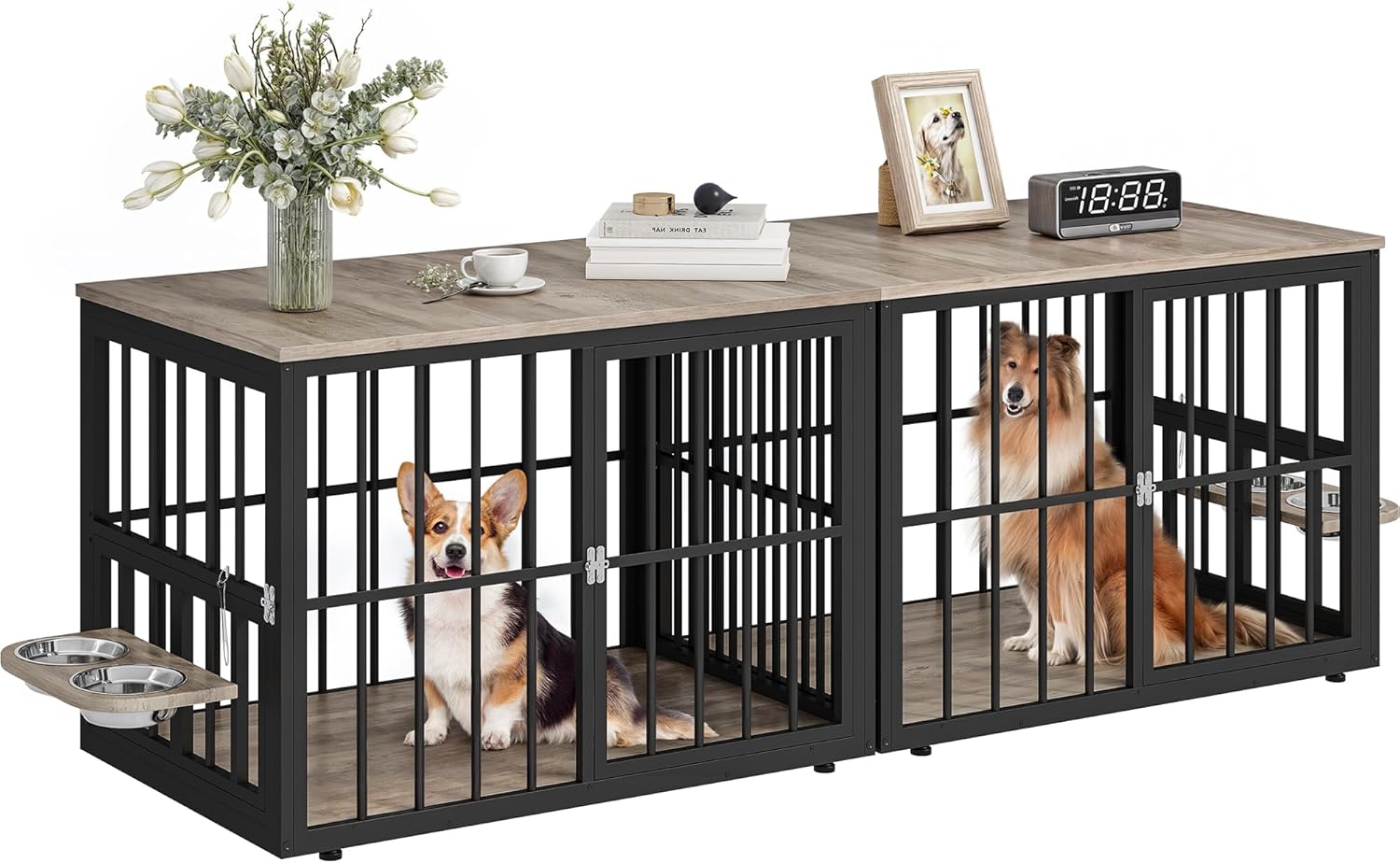 77.6in Large Corner Dog Crate Furniture for 2 Dogs, Grey