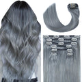 Silver Grey Clip in Hair Extensions Real Human Hair - Natural Grey