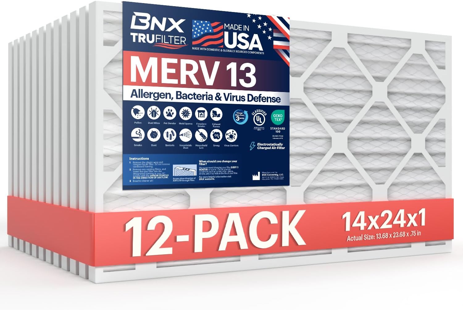 BNX TruFilter 14x24x1 MERV 13 Air Filter for Cleaner Air