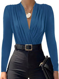LYANER Wraped V Neck Ruched Long Sleeve Leotard Bodysuit - Sleek