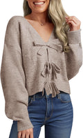 Bow Sweater Cropped V Neck Long Sleeve Sweater - Cozy Fall Knit
