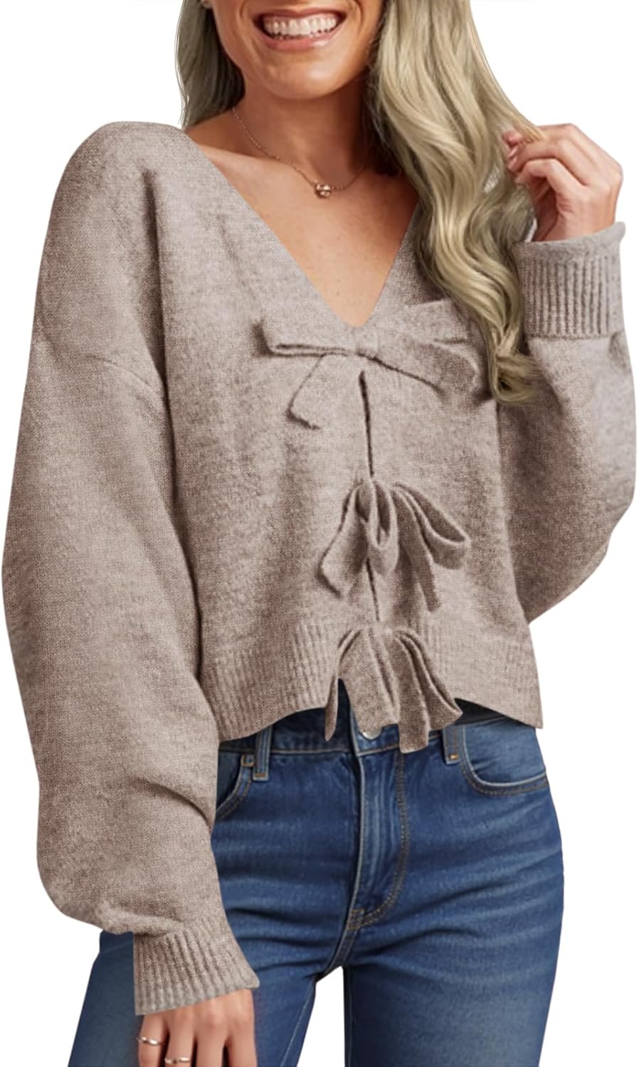 Cropped V Neck Bow Sweater for Women - Trendy Fall Knit Pullover