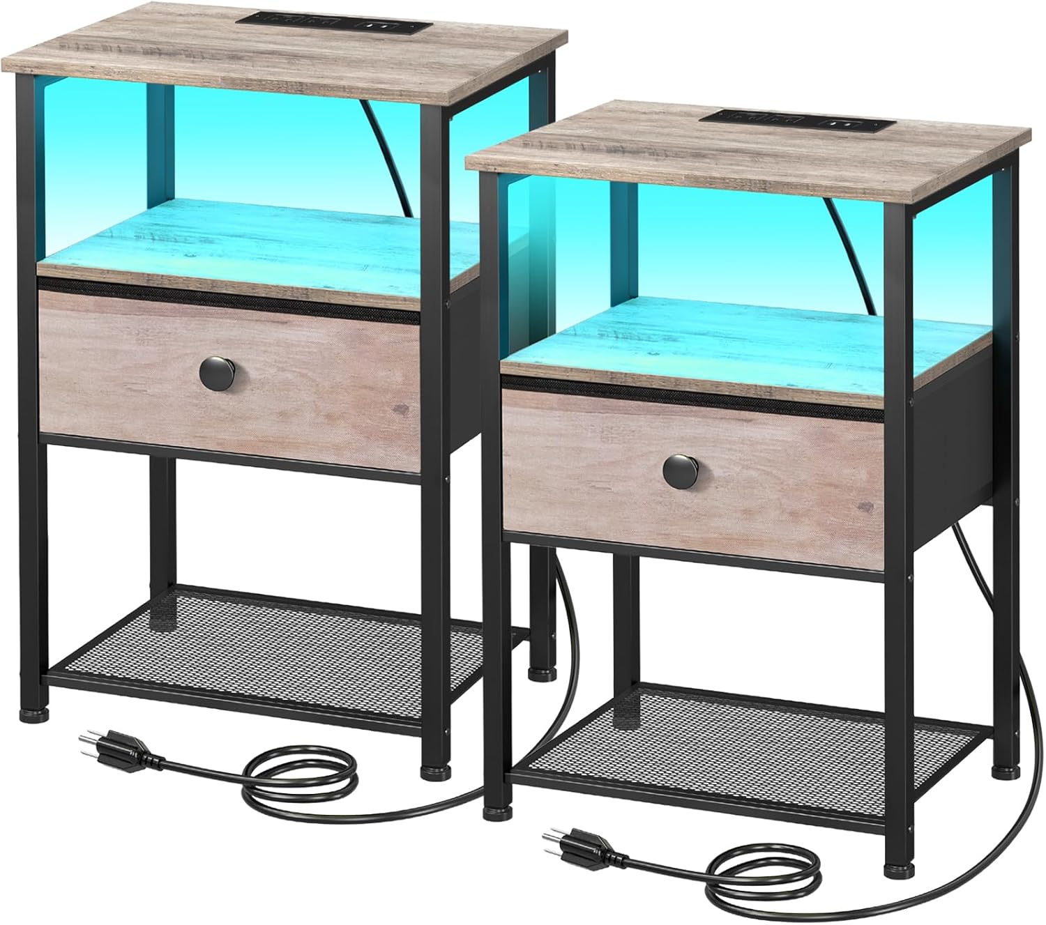 LED Nightstand Set of 2 with Charging Station and Storage