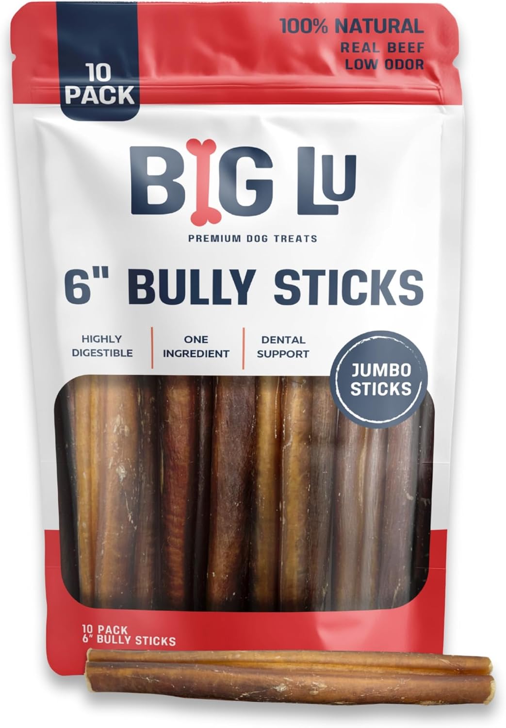 Big Lu Jumbo Bully Sticks for Dogs - 100% Grass-Fed Beef Chews