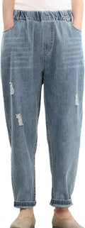 Cropped Baggy Women's Elastic Waist Jeans - Floral Embroidery