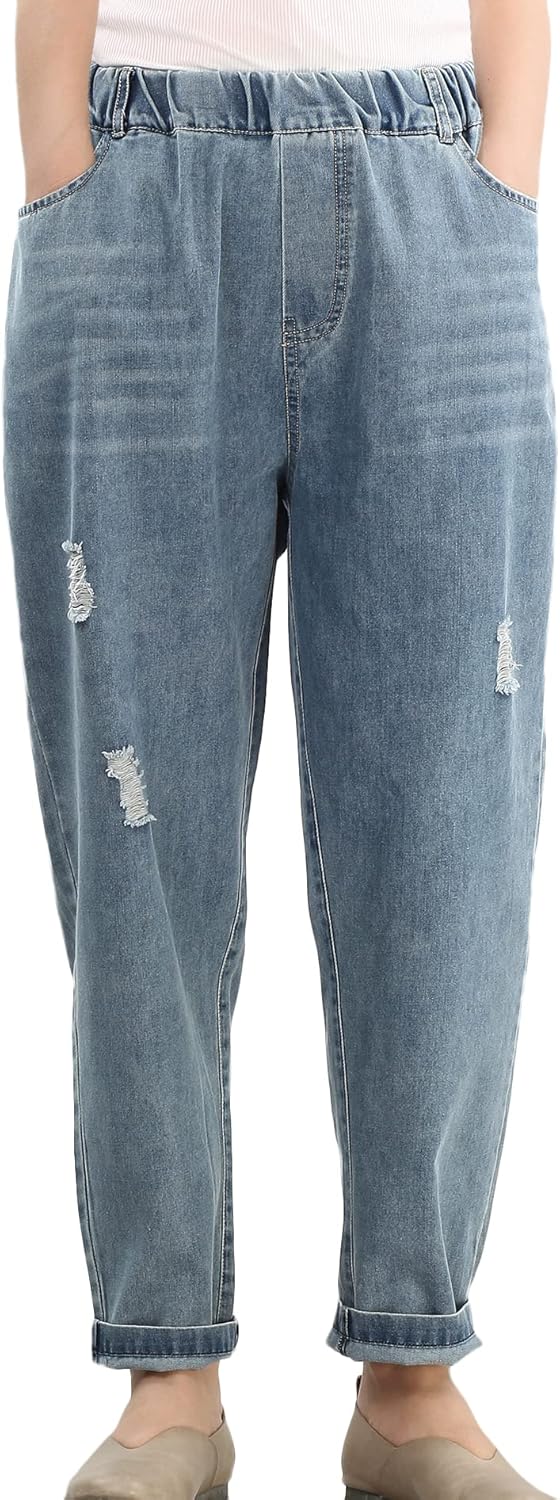 FTCayanz Women's Elastic Waist Cropped Jeans for Comfort and Style