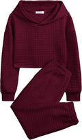 Girls 2 Piece Waffle Knit Pullover Hoodie and Jogger Set - Plaid