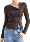 SUUKSESS Women Button Down Ribbed Modal Top - Fitted Long Sleeve