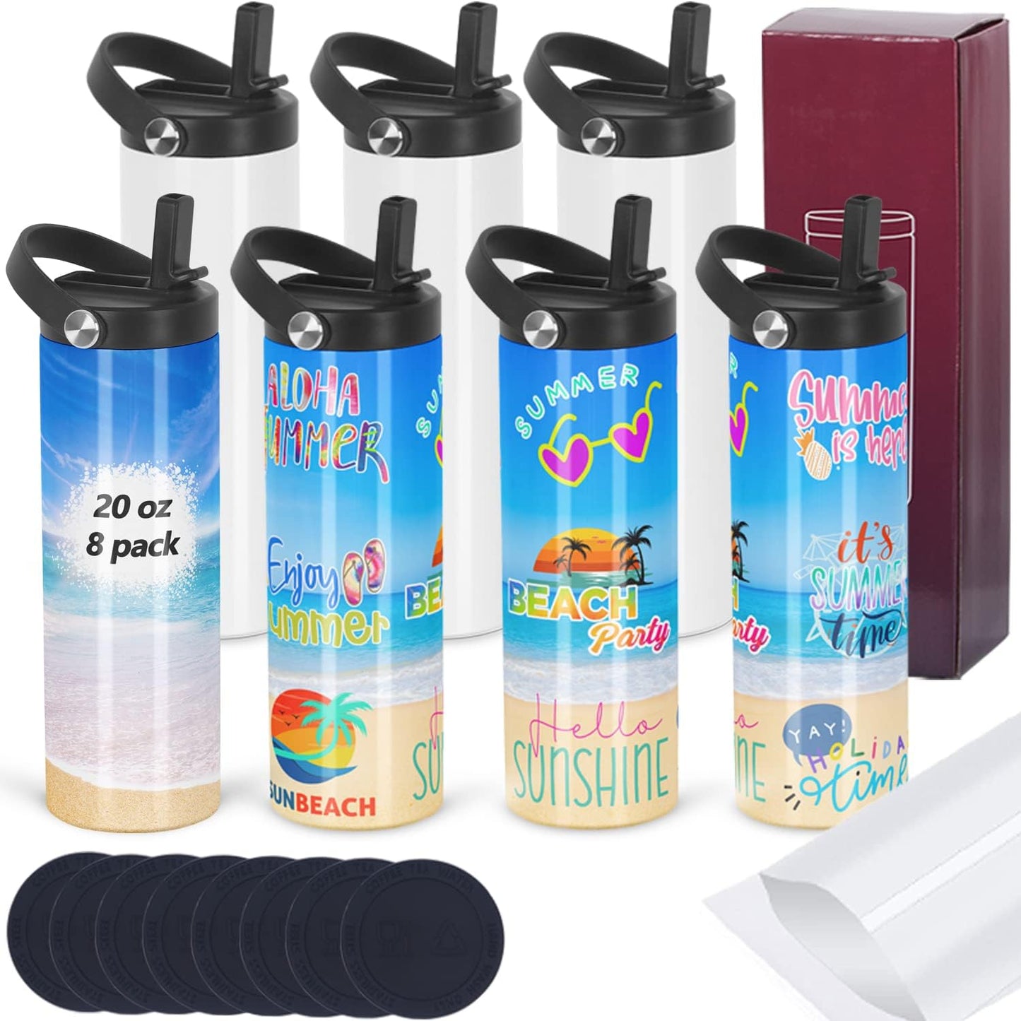 8 Pack Sublimation Tumblers 20oz Skinny Straight with Handle