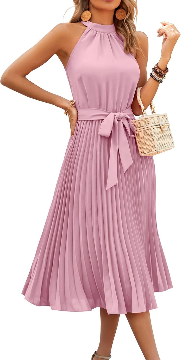 KIRUNDO Women's Halter Neck Pleated Midi Cocktail Dress Review