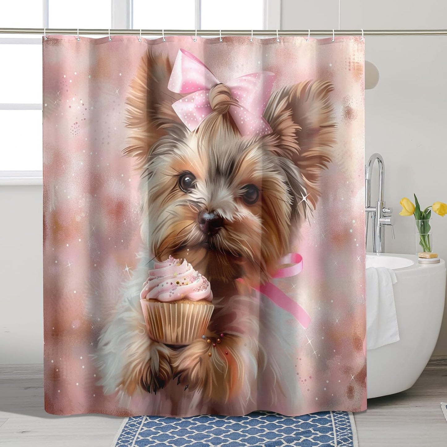 Adorable Yorkie Puppy Cupcake Shower Curtain