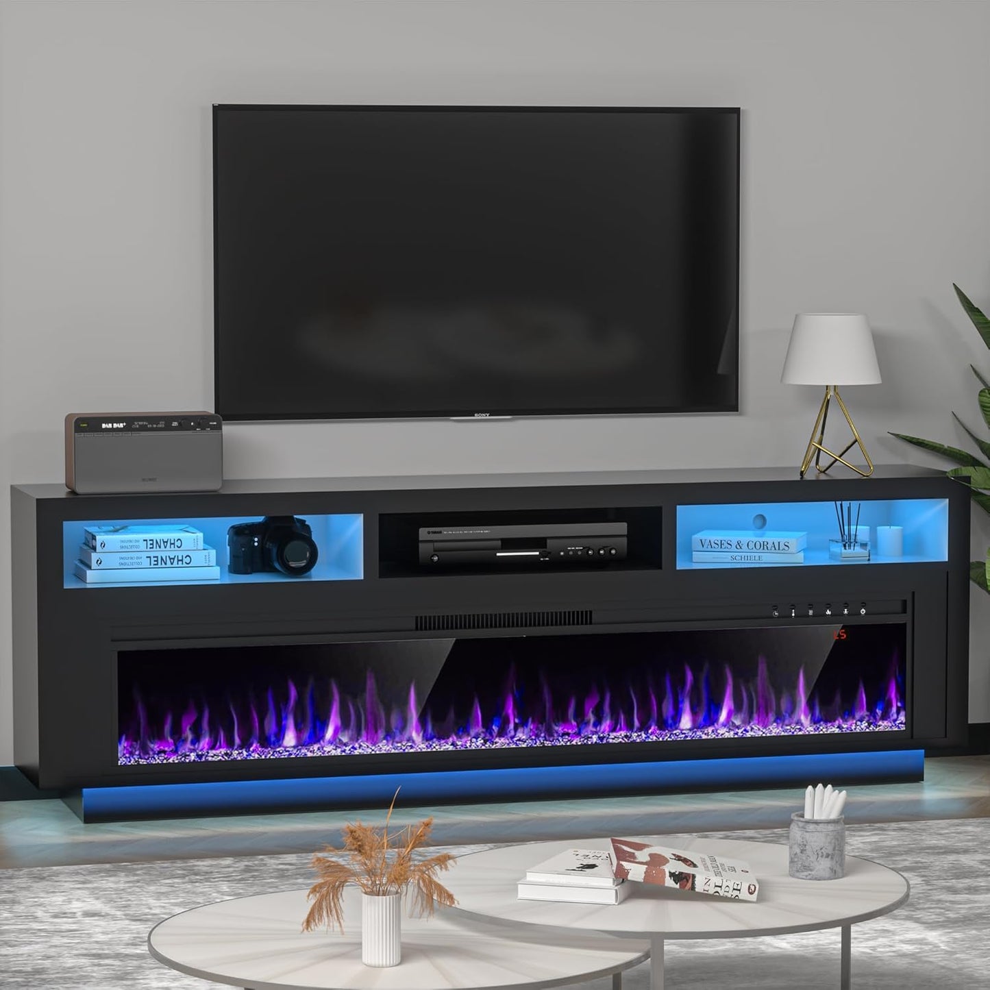 Stylish 65 TV Stand w/ 52 Fireplace & LED Lights