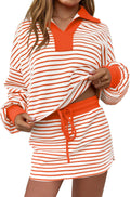 Womens Striped 2 Piece Sweatshirt Skirt Set - V-Neck Casual Lounge