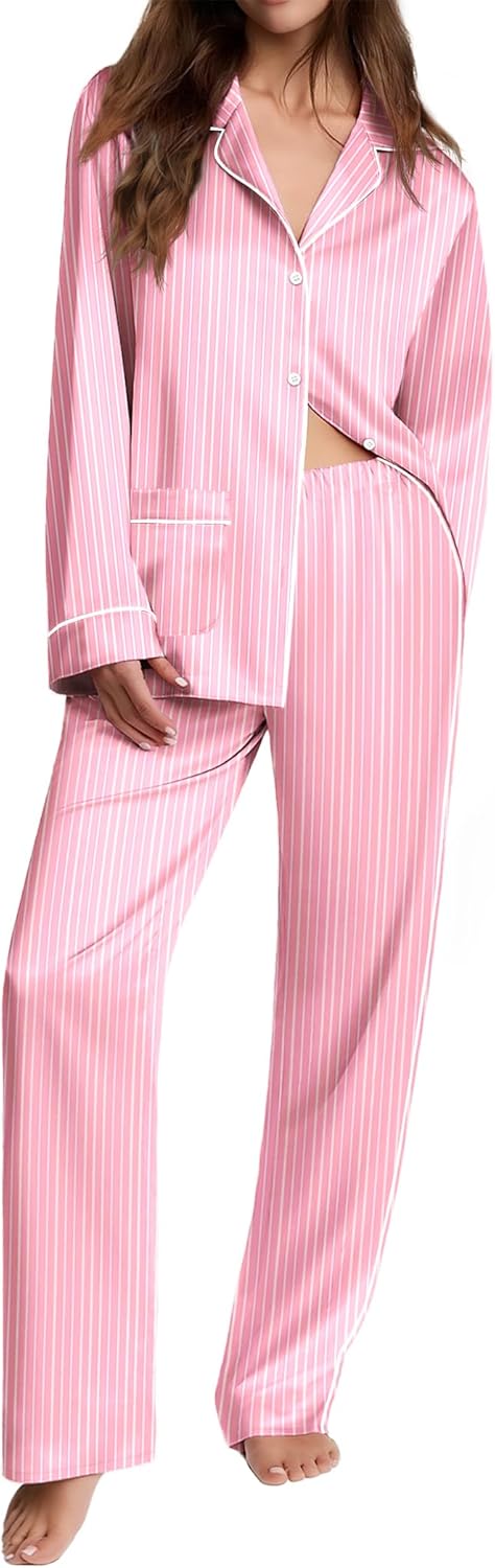 Ekouaer Womens Pajama Sets Soft Long Sleeve Satin Sleepwear