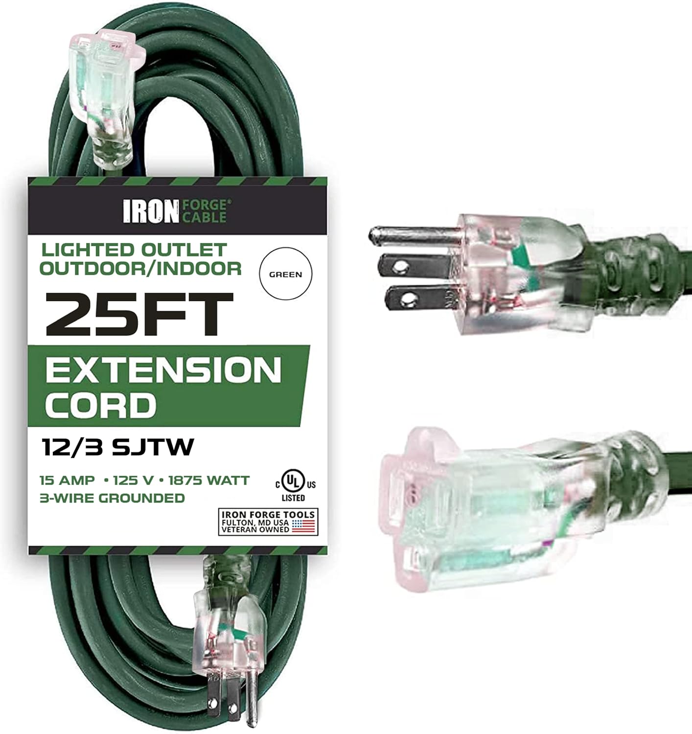 12 Gauge Extension Cord 25 Ft Lighted End for Heavy Duty Use
