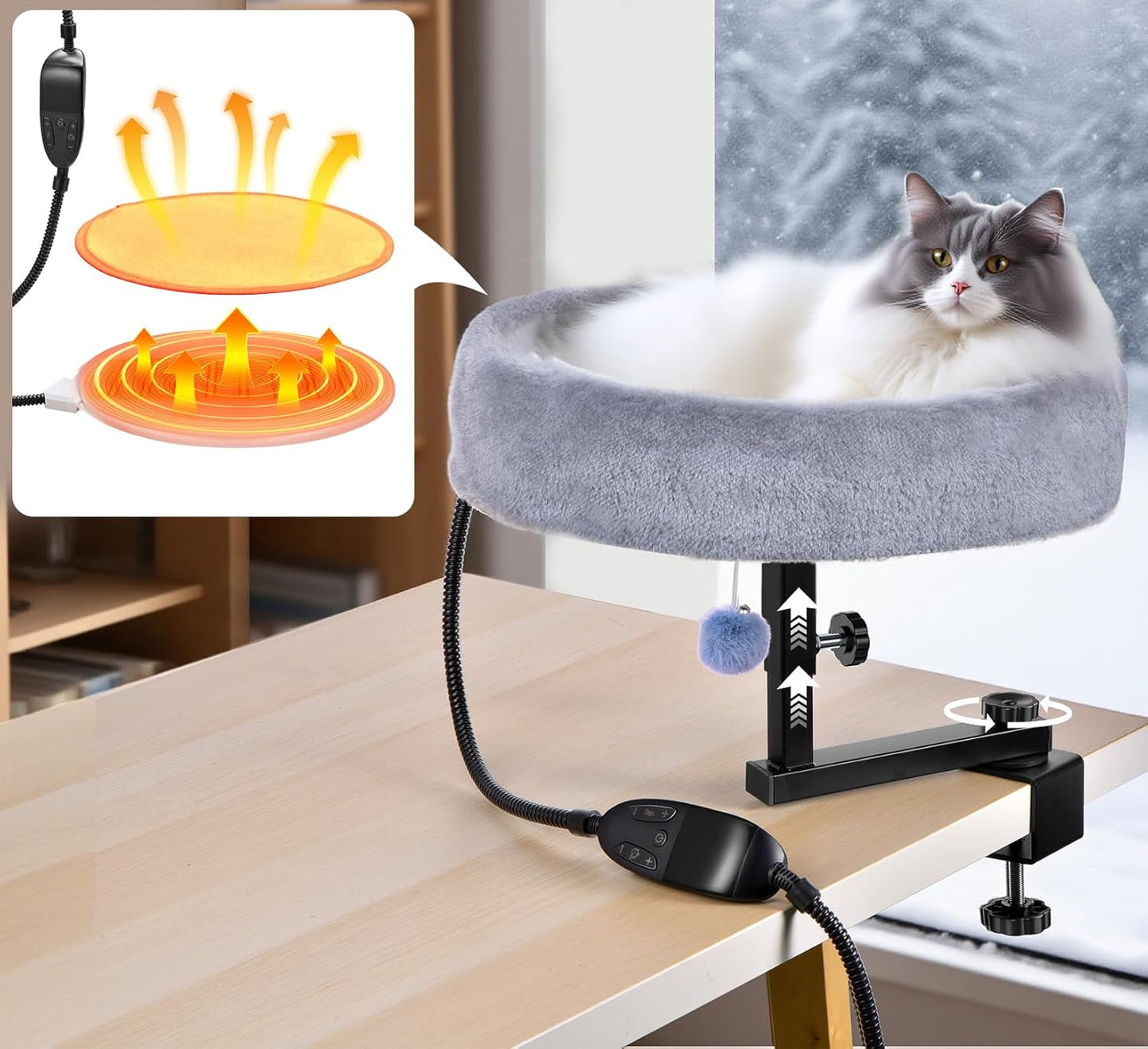 Cat Desk Bed with Heating Pad - 360 Rotating Adjustable Comfort