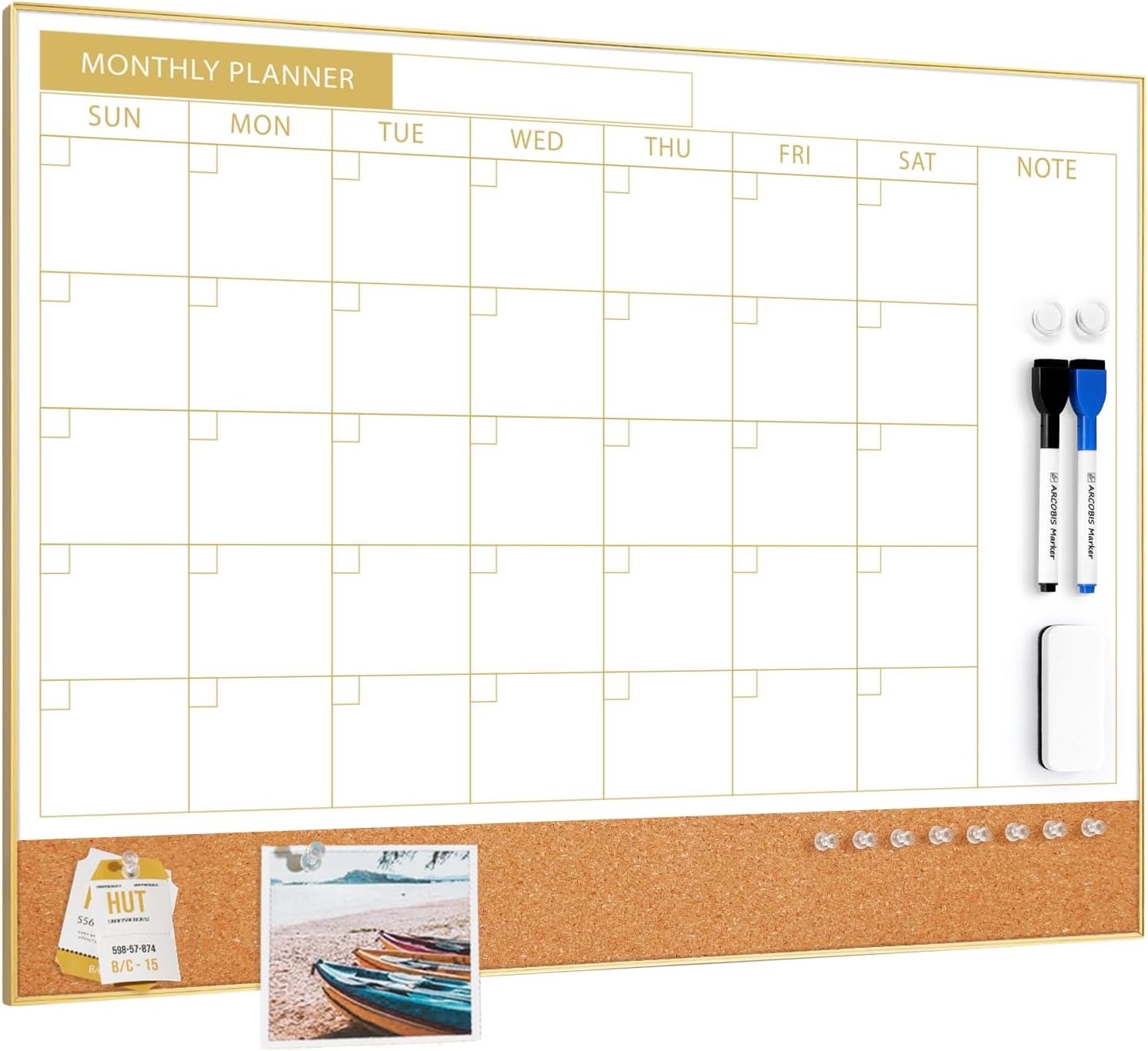ARCOBIS Dry Erase Calendar Cork Board Combo for Home Office