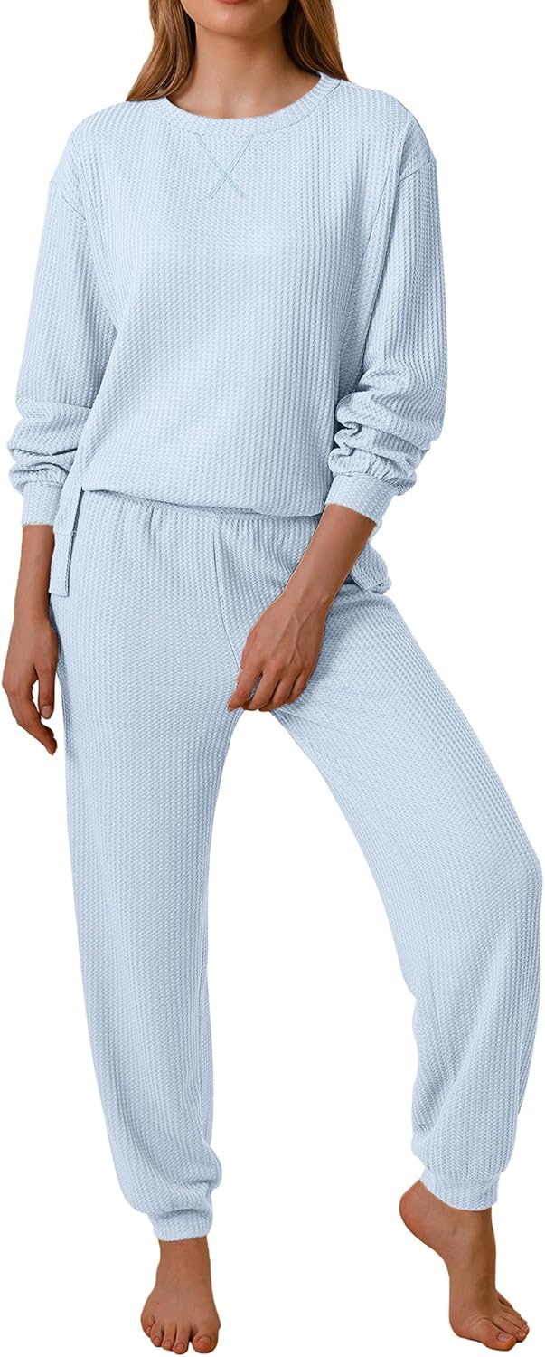 Ekouaer Waffle Knit Lounge Sets for Women Long Sleeve Pajamas