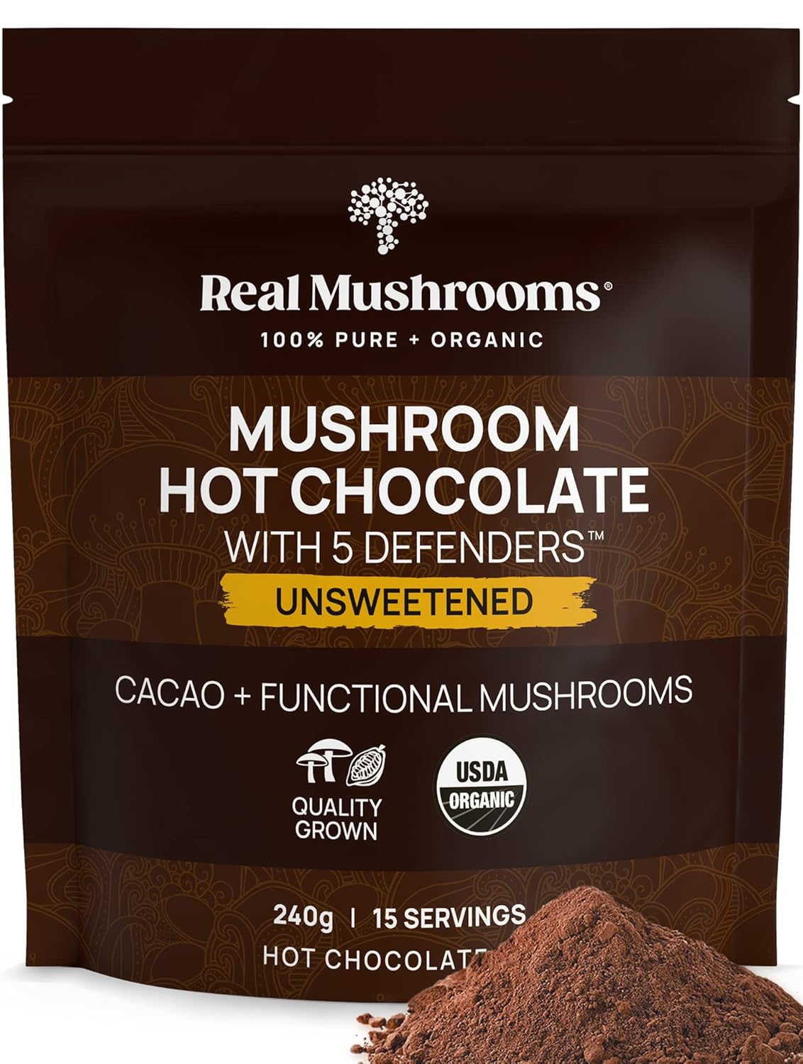 Real Mushrooms Unsweetened Hot Chocolate Mix with 5 Defenders
