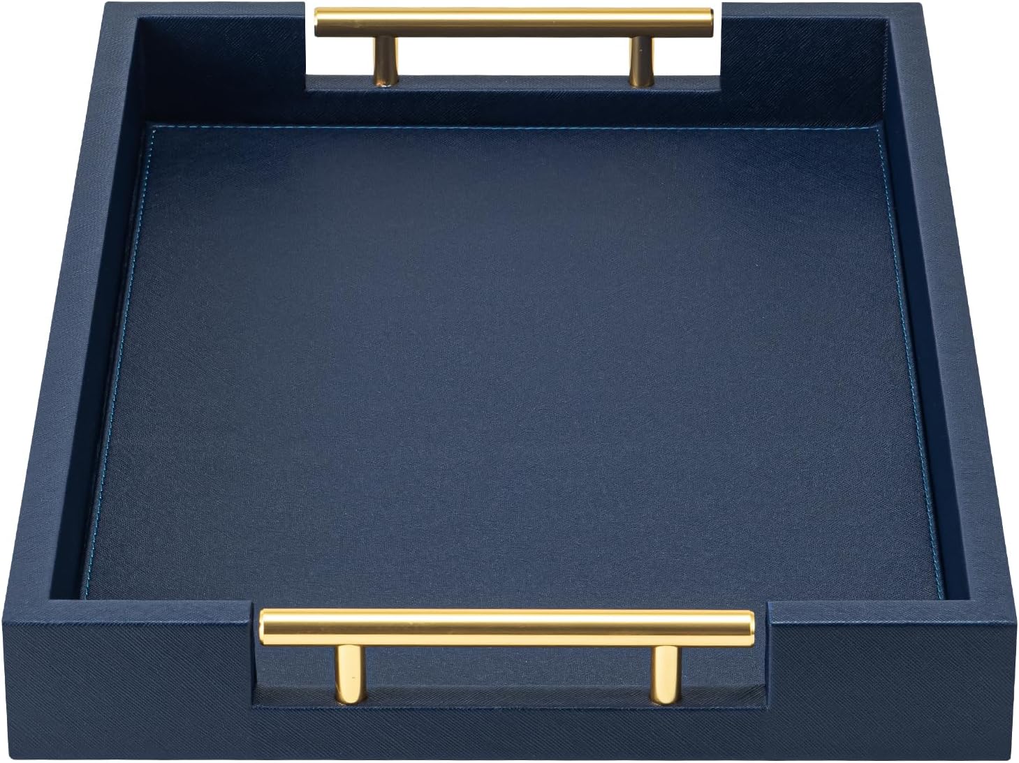 Navy Blue Faux Leather Serving Tray with Handles for Home Decor