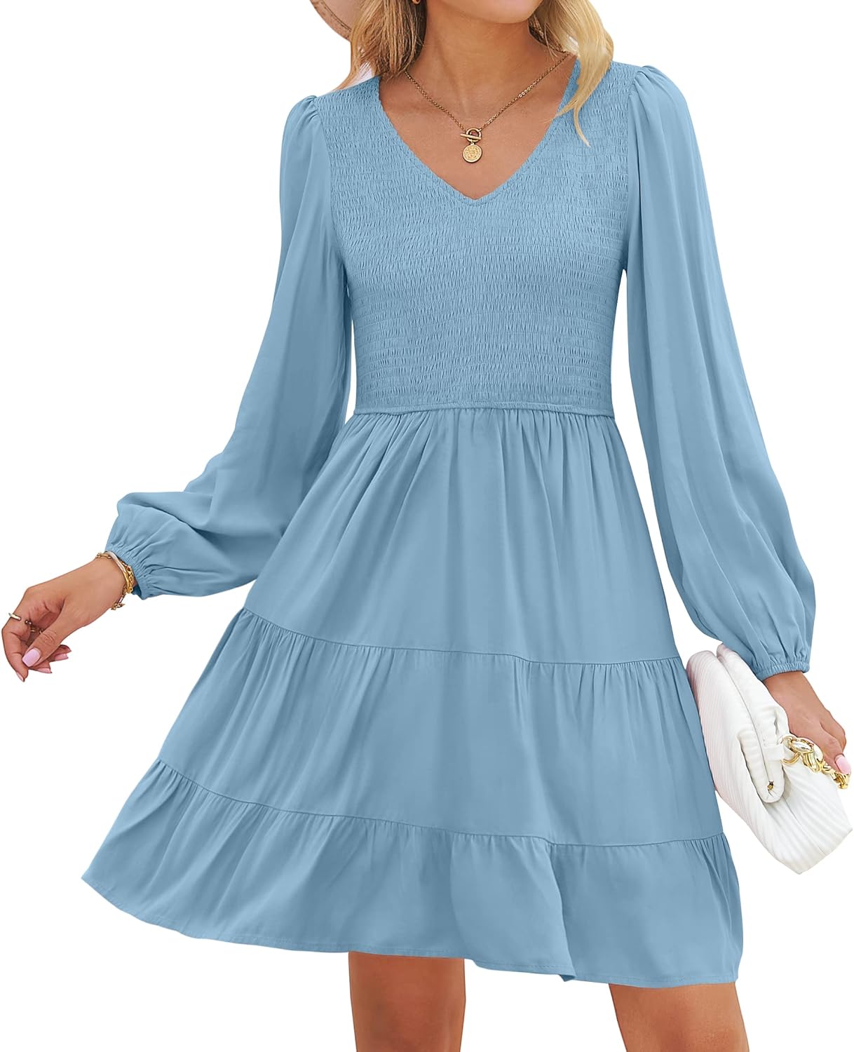 ZESICA Women's Casual V Neck Long Sleeve Ruffle Mini Dress