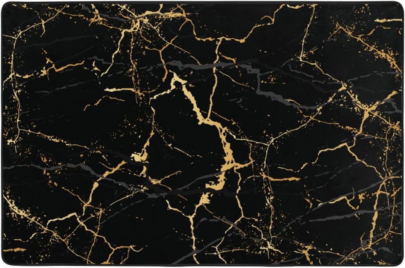Non-Slip Black Marble Area Rug 36x24 - Soft Microfiber Washable Mat