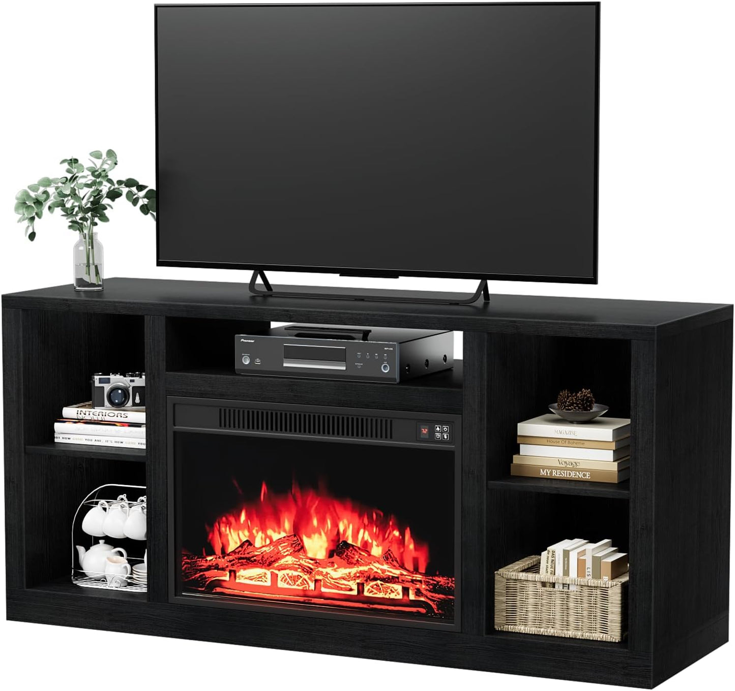 Modern 58 Electric Fireplace TV Stand & Media Console - Dark Black
