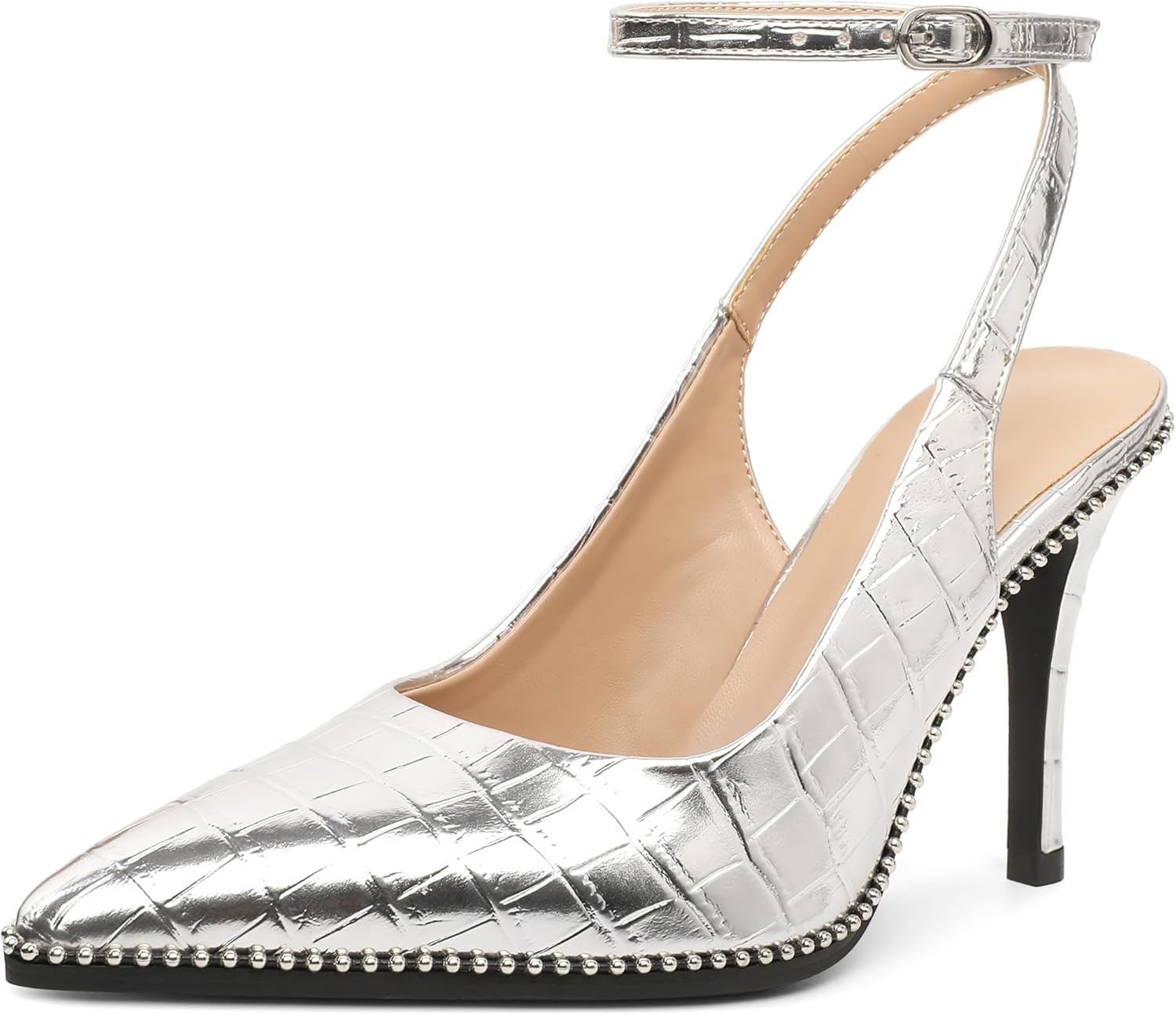 Slingback Heels for Women: Elegant Silver Ankle Strap Pumps