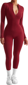 SUUKSESS Women Long Sleeve Ribbed Jumpsuit Zip up Front - Flattering 2