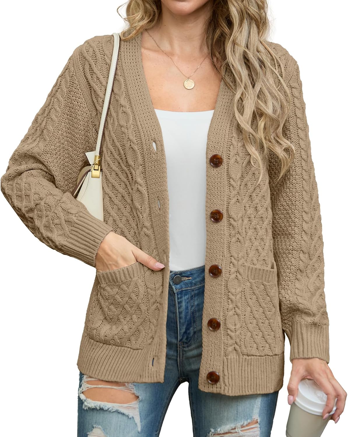 GRECERELLE Women Long Sleeve Cable Knit Sweater Cardigan Coat