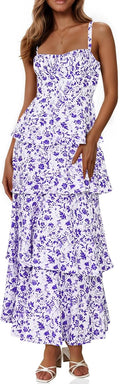 Fisoew Womens Floral Maxi Dress Spaghetti Strap - Flowy Tiered