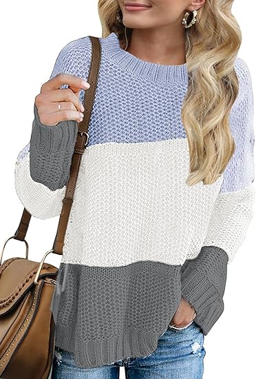 MEROKEETY Women's Crew Neck Long Sleeve Color Block Knit Sweater