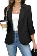 ELLEVEN Women's Ruched 3/4 Sleeve Blazer - Slim Fit, Padded Shoulder