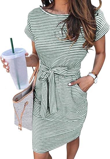 MEROKEETY Women's Summer Striped Short Sleeve T Shirt Dress