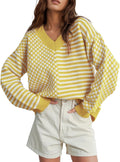 Striped Checkered V Neck Sweater for Women - Trendy Casual Pullover